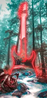 Neon guitar in a mystical forest with vibrant colors.