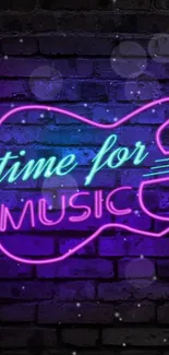 Neon guitar with 'time for music' text on a brick wall background.