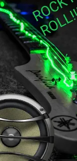 Electric guitar with neon green lights in dark theme.