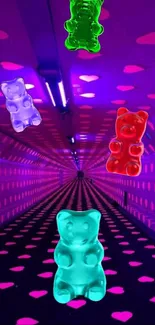 Neon tunnel with floating gummy bears in vivid colors.