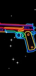 Neon gun wallpaper with colorful glow and starry black background.