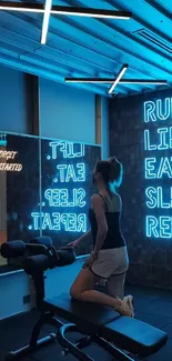 Neon-lit gym with motivational quotes for fitness inspiration.