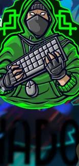 Neon green hacker art with keyboard on tech background.