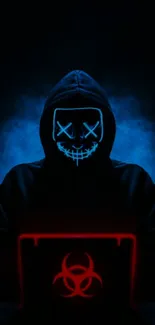 Hooded figure with neon face and glowing laptop against a dark background.