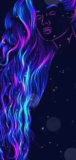 Vivid neon illustration of flowing hair in dark blue background.