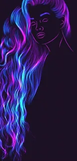 Neon art of flowing blue and magenta hair on a dark background.