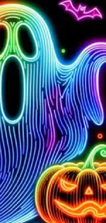 Neon Halloween ghost with glowing pumpkin art.