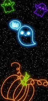 Neon Halloween ghosts and pumpkin wallpaper.