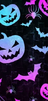 Neon Halloween wallpaper with pumpkins, bats, and webs in dark purple tones.