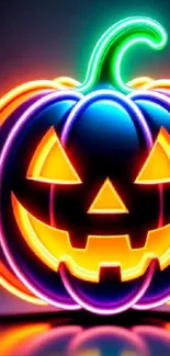 Neon jack-o'-lantern with vibrant colors and glowing edges for Halloween.