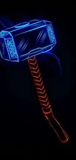 Neon hammer glowing in blue and red against a black background.