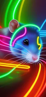 Vibrant neon hamster with glowing lights.