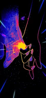 Neon hand illustration in vibrant colors on a cosmic-themed wallpaper.