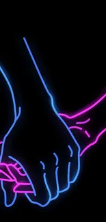 Neon outlines of hands holding against a black background.