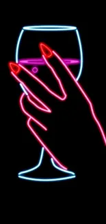 Neon art of a hand holding a wine glass on a black background.