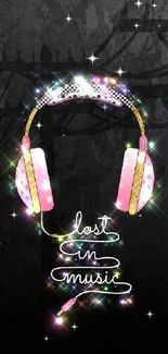 Neon headphones with 'lost in music' text, glowing on dark background.