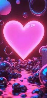 Vibrant neon heart in 3D abstract design.