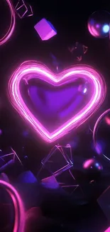 Vibrant neon heart with glowing geometric shapes in purple hues.