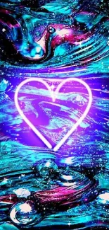 Neon heart abstract mobile wallpaper with vibrant teal and purple colors.