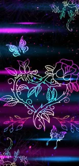 Neon heart and flowers with butterflies on dark background.