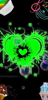 Neon green heart with music and colorful cupcakes.