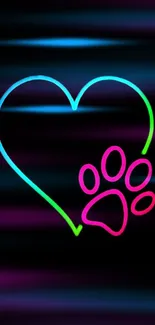 Neon heart with paw print on a black background mobile wallpaper.