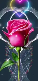 Vibrant pink rose with neon heart on dark background wallpaper.