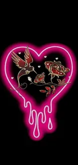 Neon heart with roses and hummingbird on a black background.