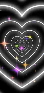 Neon heart and stars with glowing design on black background.