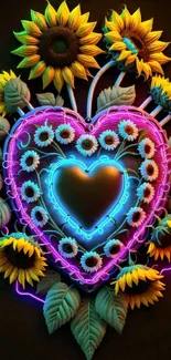 Neon heart surrounded by bright sunflowers on a black background.