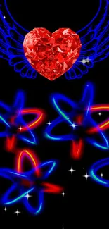 Neon heart with wings and colorful stars wallpaper