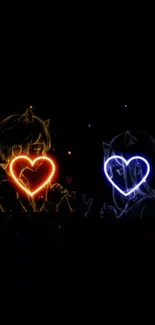 Neon anime characters holding glowing hearts in vibrant wallpaper.