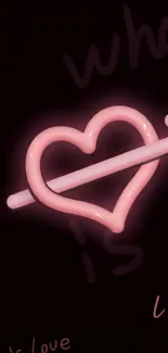 Neon pink heart with arrow on black background.