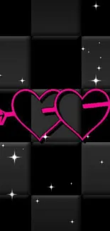 Neon pink heart with arrow wallpaper on black background.