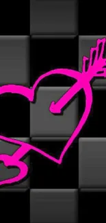 Black background with pink heart and arrow design.