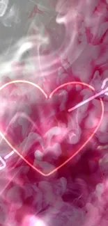 Neon heart with arrow over pink smoke background.