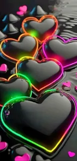 Vibrant neon hearts on a black background, perfect for your mobile wallpaper.