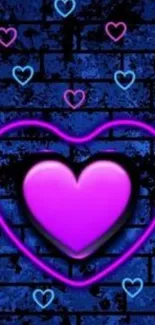 Neon heart on blue brick wall with vibrant colorful accents.