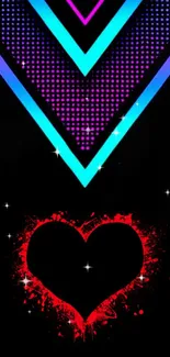 Vibrant neon heart wallpaper with colorful patterns and stars.