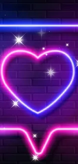 Neon heart chat icon against a dark brick wall.