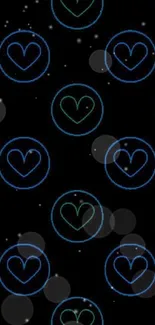 Neon heart circle pattern on black mobile wallpaper.