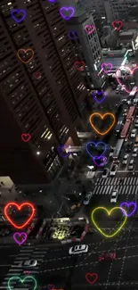 Neon hearts glowing over city at night with vibrant street view.