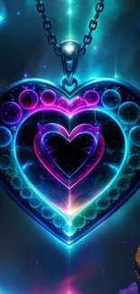 Vibrant neon heart pendant on cosmic background wallpaper.