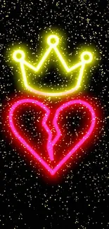 Neon heart and crown glowing against a black background.