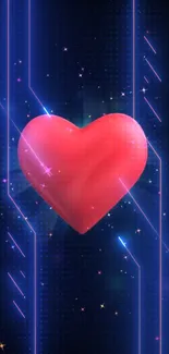 Neon heart on a dark background with digital lines and stars.