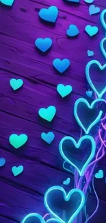 Neon hearts glowing on a purple background