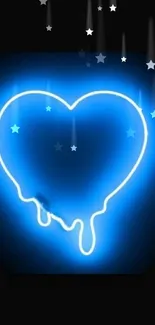 Neon blue heart with dripping effect and stars on a phone wallpaper.