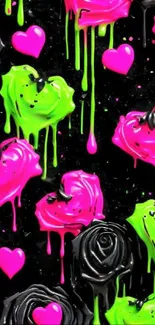 Neon dripping hearts and roses on black background wallpaper.