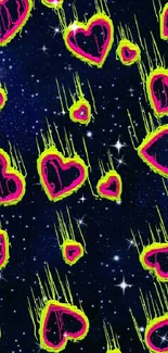 Neon hearts falling through a starry night sky on a dark blue background.