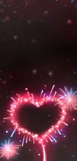 Mobile wallpaper with neon heart and fireworks display.